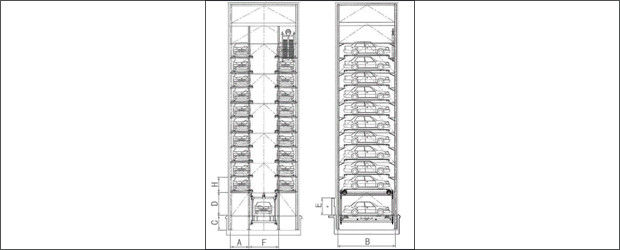 PCS Elevated Car Parking System 20 Levels Tower Type Vertical Lifting